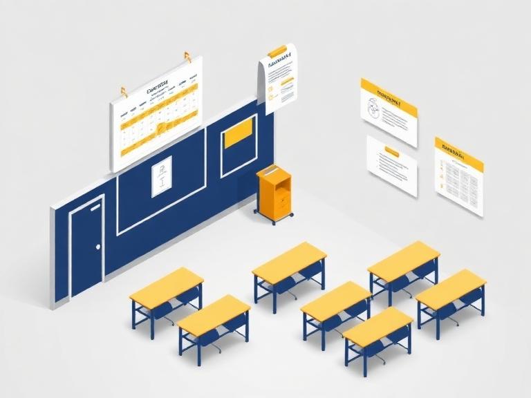 Isometric illustration of a coaching centre classroom with schedule panels