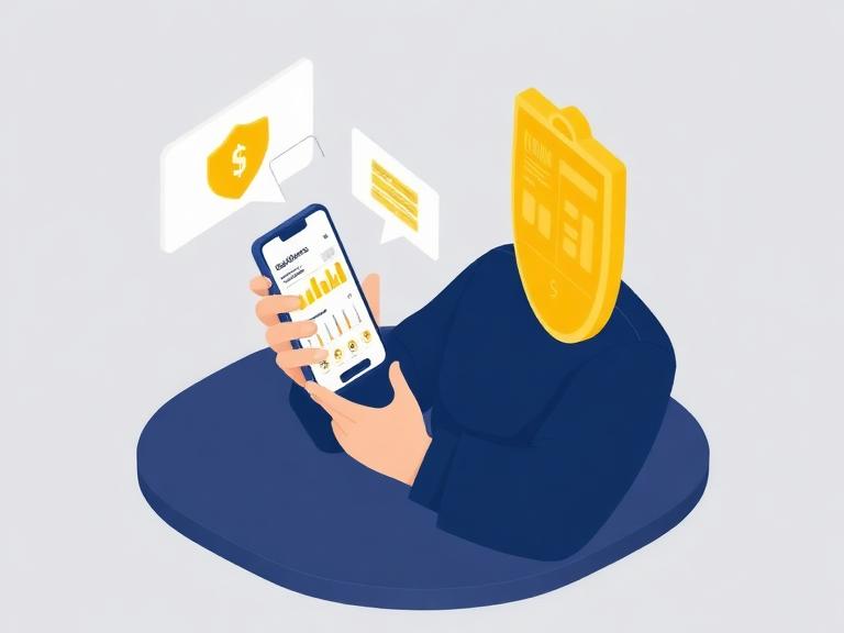 Isometric illustration of a parent viewing a progress dashboard on a phone