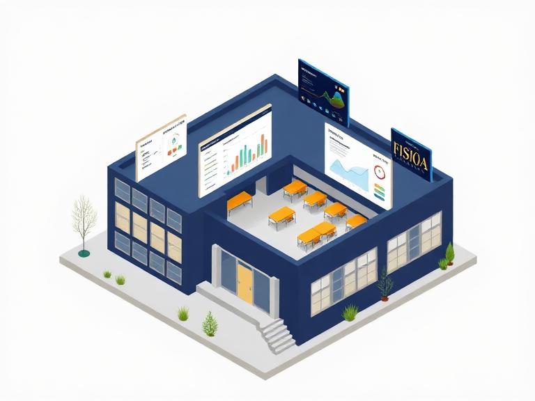 Isometric illustration of a school building with management dashboards