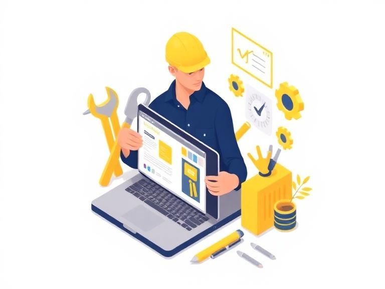 Isometric illustration of vocational skill training with tools and a laptop course