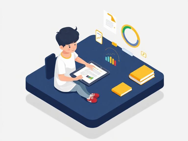 Isometric illustration of a student learning on a tablet