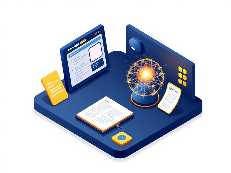 Illustration of an AI study workspace with notes, flashcards and an AI orb
