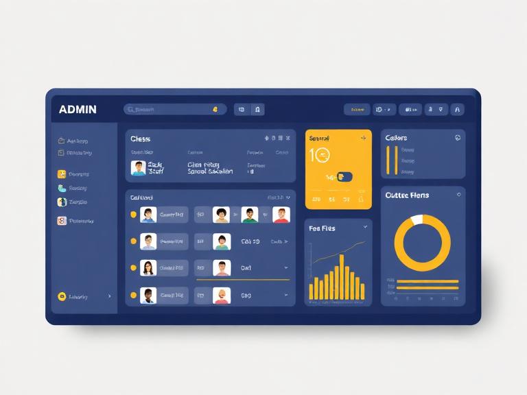 Illustration of an institution admin dashboard with class and fee panels