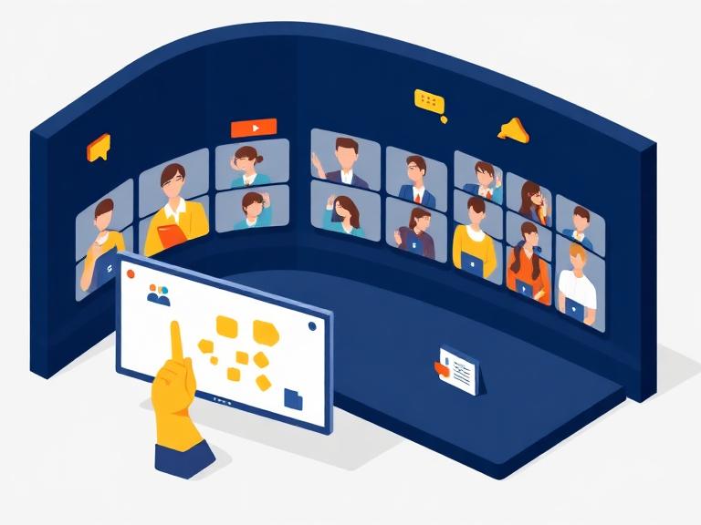 Illustration of an interactive live class with video grid and whiteboard