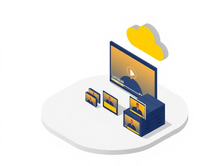Illustration of a lecture recording library with video player and cloud storage