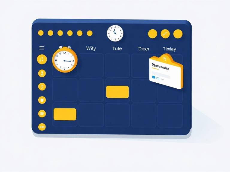 Illustration of a weekly scheduling board with time slots and a clock